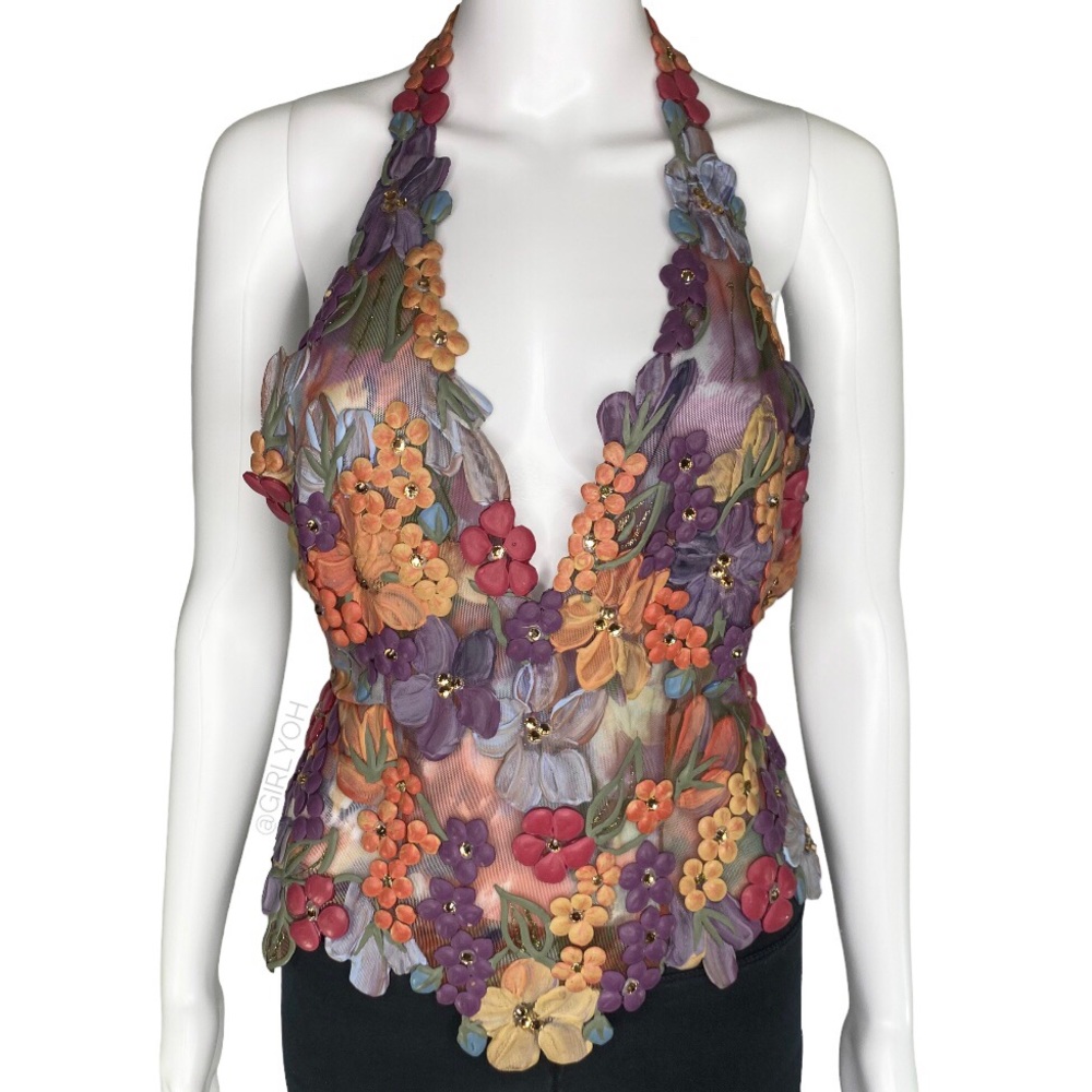 Ema Savahl Swarovski Crystals Flower Halter Tie Back Top - Picture 1 of 12